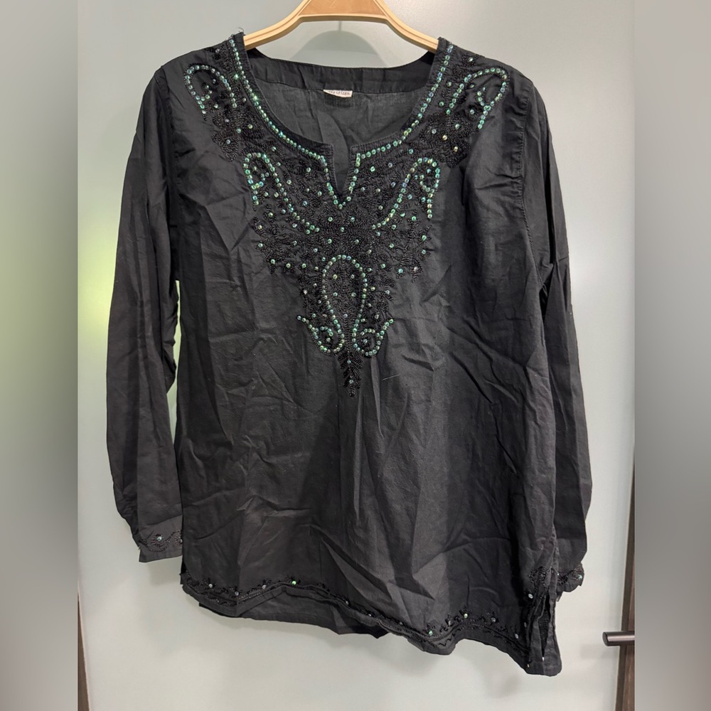 Embroidered Black Top with Green Accents